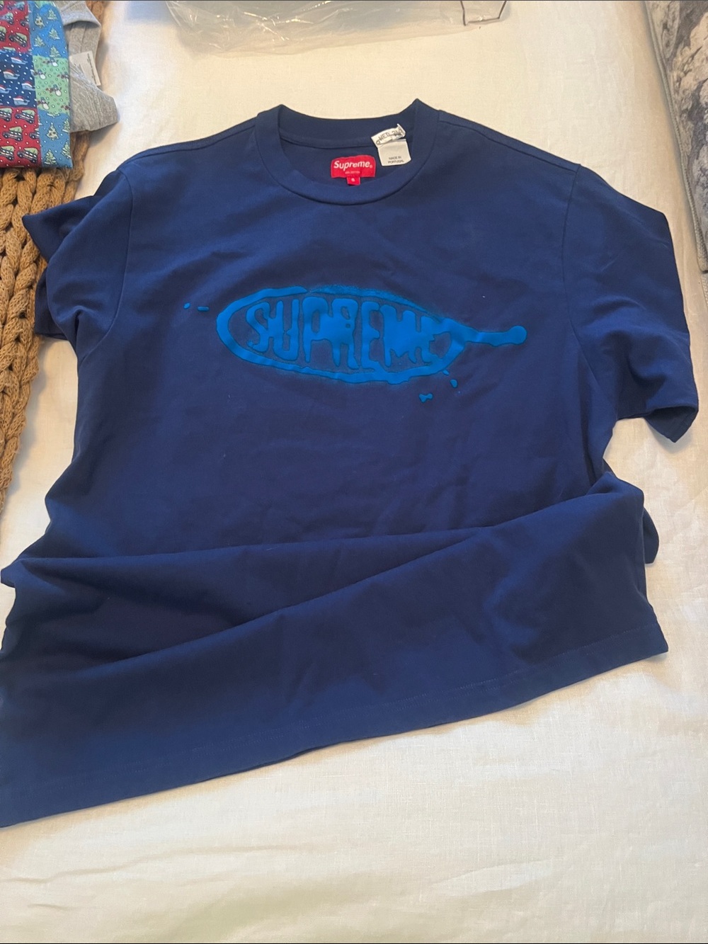 Supreme inkblot Navy Blue Short Sleeve Tee with Teal Logo march 2022